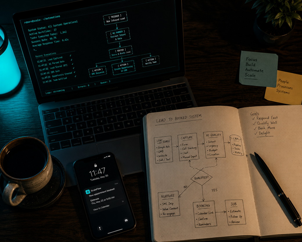 A working desk at night — a notebook flowchart mapping lead to booked, an automation dashboard reporting all systems operational, and a phone showing an appointment booked at 11:47