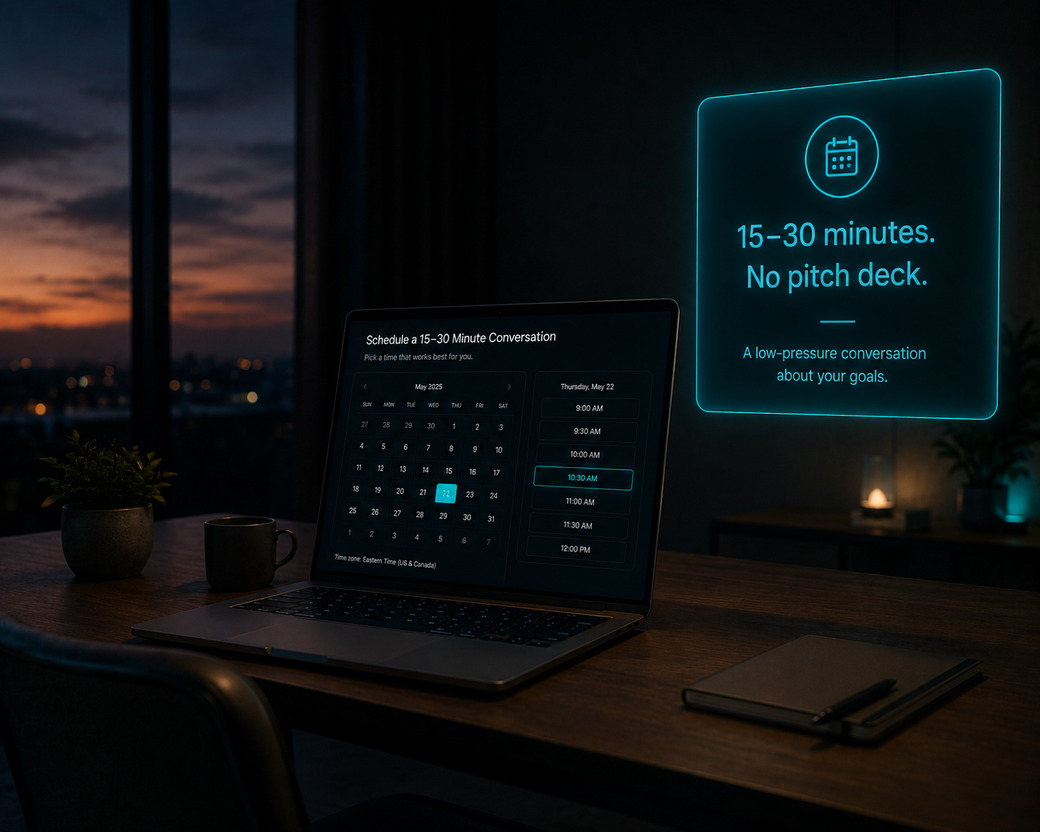 A booking screen open on a laptop at dusk offering a 15 to 30 minute conversation with no pitch deck, beside a calendar of available times
