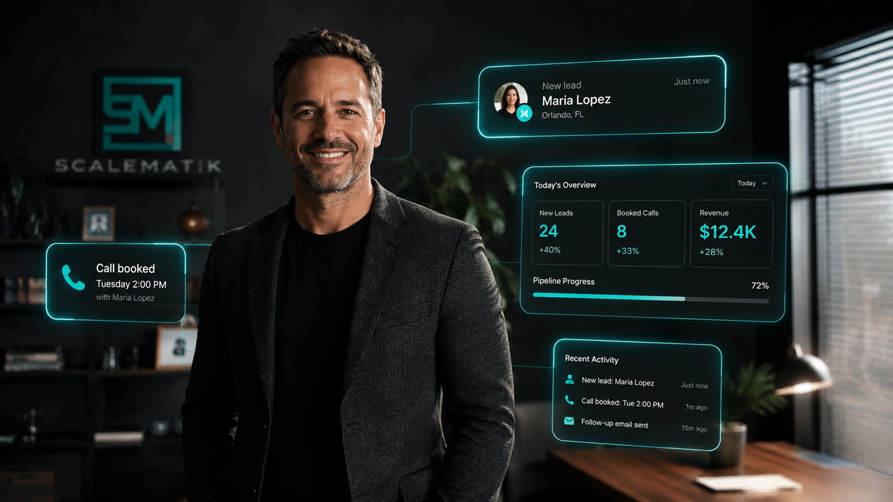 Business owner using the Scalematik system with live lead notifications and dashboard overview