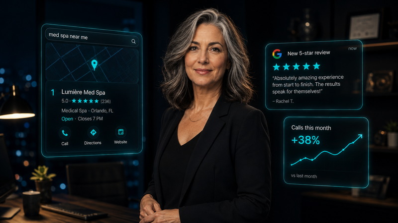 Business owner ranking first in local search with strong reviews and rising call volume