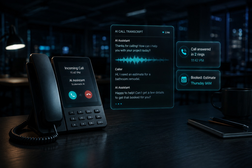 Desk phone taking an after-hours call while an AI assistant transcribes it, answers in two rings and books an estimate for Thursday morning