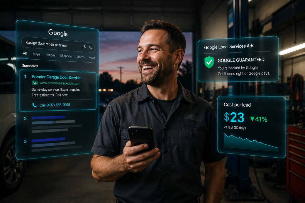 Contractor whose Google Ads and Local Services listing rank top for a nearby search, with cost per lead down 41 percent to $23