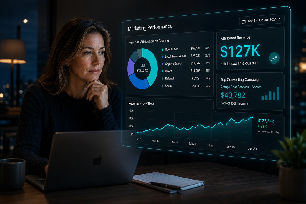 Business owner reviewing a marketing dashboard that attributes $127K of quarterly revenue by channel and names the top converting campaign