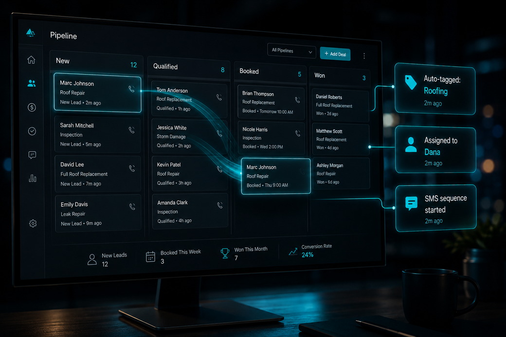 CRM pipeline board moving leads from new to won, with automations auto-tagging each lead, assigning an owner and starting an SMS sequence