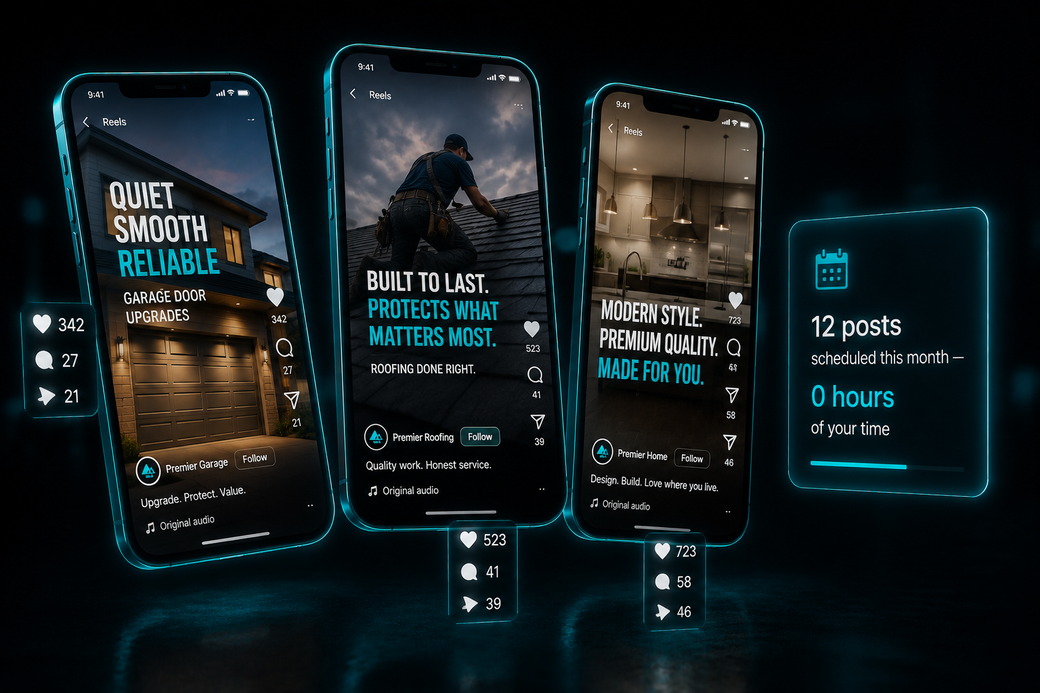 Branded short-form videos posting automatically across social accounts — twelve posts scheduled for the month taking none of the owner's time