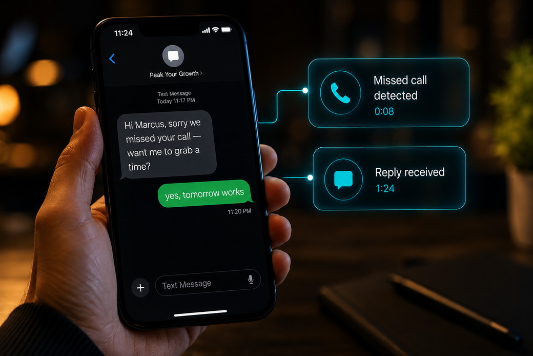 Phone showing an automated text sent seconds after a missed call, with the customer replying to book a time minutes later