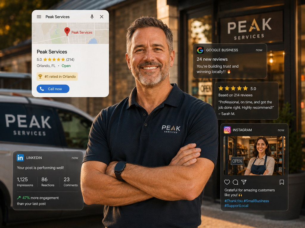 Business owner ranking #1 on Google with strong online reviews and social media presence
